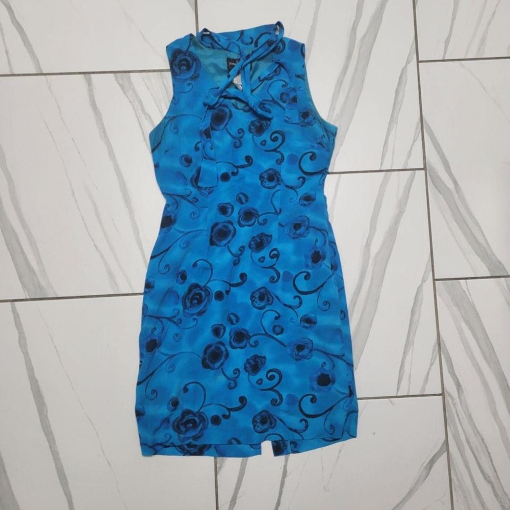Vintage 90s AOP FLoral Teal Blue Black Midi Dress 8